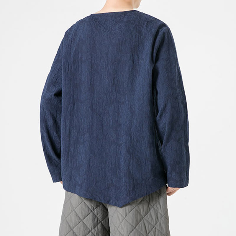 Nimara Ritual Men's Chinese Frog-Button Plain Design Cotton Long Sleeve T-Shirt Zen Clothing
