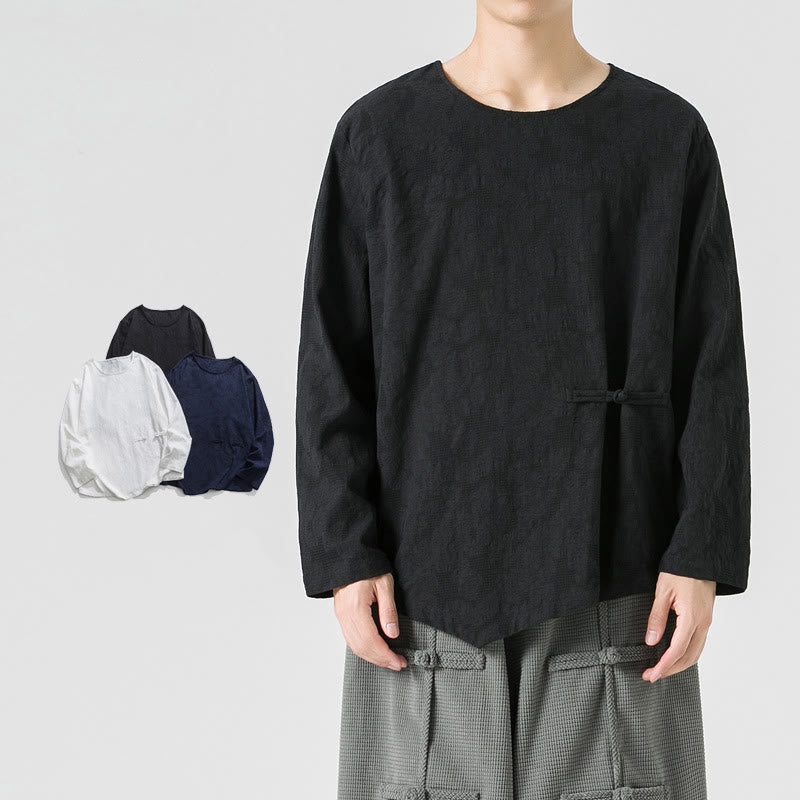 Nimara Ritual Men's Chinese Frog-Button Plain Design Cotton Long Sleeve T-Shirt Zen Clothing