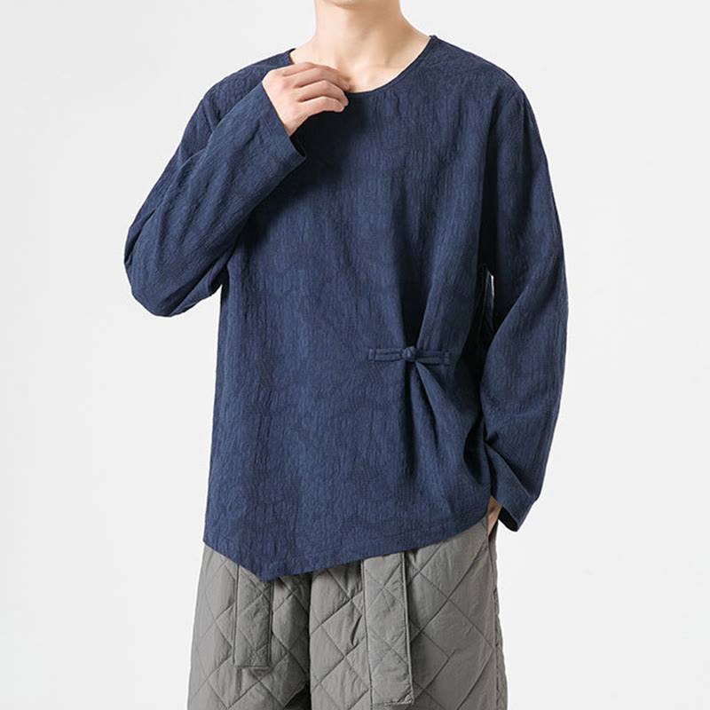 Nimara Ritual Men's Chinese Frog-Button Plain Design Cotton Long Sleeve T-Shirt Zen Clothing
