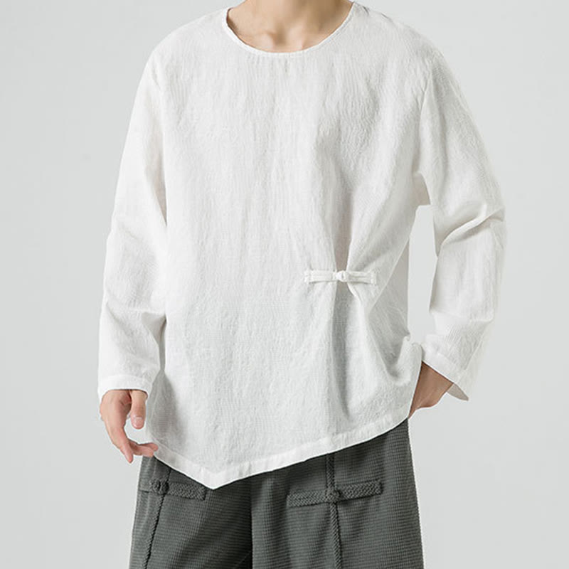 Nimara Ritual Men's Chinese Frog-Button Plain Design Cotton Long Sleeve T-Shirt Zen Clothing