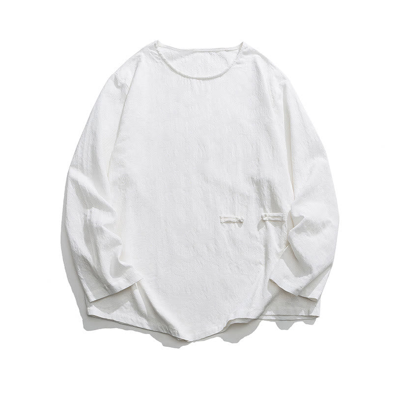Nimara Ritual Men's Chinese Frog-Button Plain Design Cotton Long Sleeve T-Shirt Zen Clothing