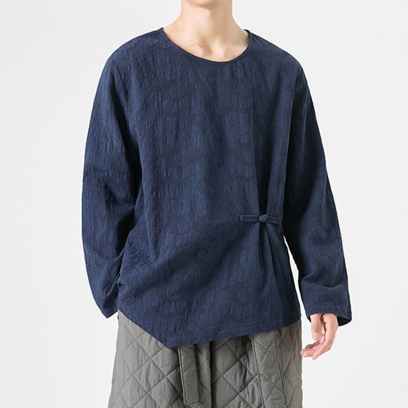 Nimara Ritual Men's Chinese Frog-Button Plain Design Cotton Long Sleeve T-Shirt Zen Clothing