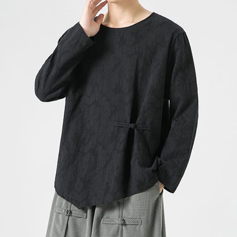 Nimara Ritual Men's Chinese Frog-Button Plain Design Cotton Long Sleeve T-Shirt Zen Clothing