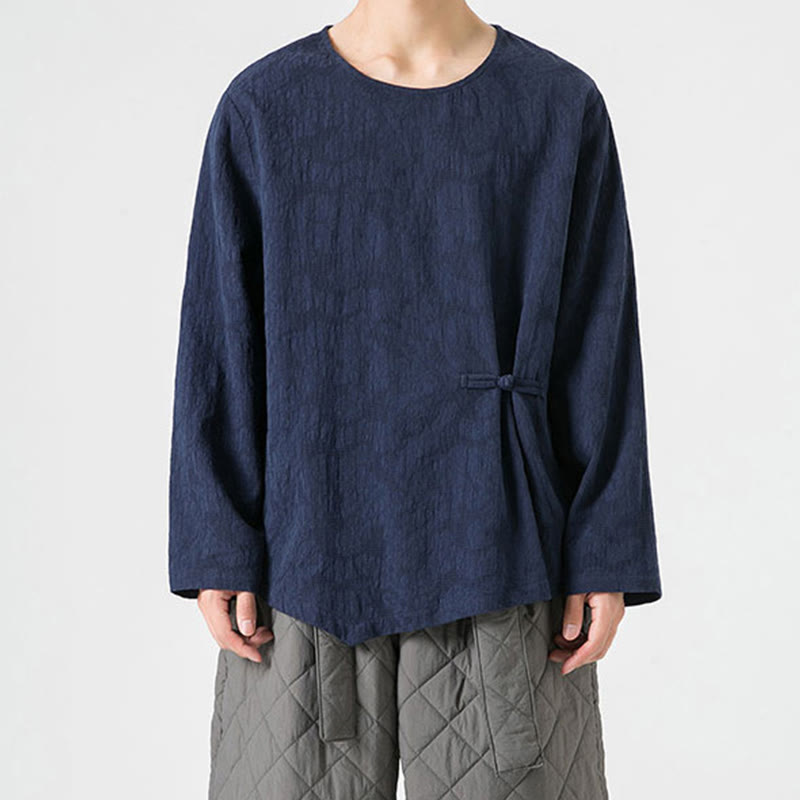 Nimara Ritual Men's Chinese Frog-Button Plain Design Cotton Long Sleeve T-Shirt Zen Clothing
