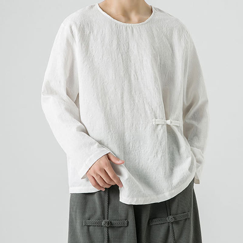 Nimara Ritual Men's Chinese Frog-Button Plain Design Cotton Long Sleeve T-Shirt Zen Clothing