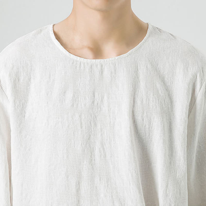 Nimara Ritual Men's Chinese Frog-Button Plain Design Cotton Long Sleeve T-Shirt Zen Clothing