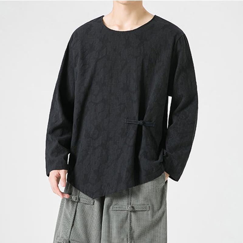 Nimara Ritual Men's Chinese Frog-Button Plain Design Cotton Long Sleeve T-Shirt Zen Clothing