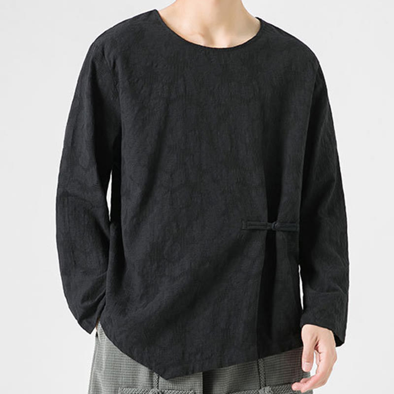 Nimara Ritual Men's Chinese Frog-Button Plain Design Cotton Long Sleeve T-Shirt Zen Clothing