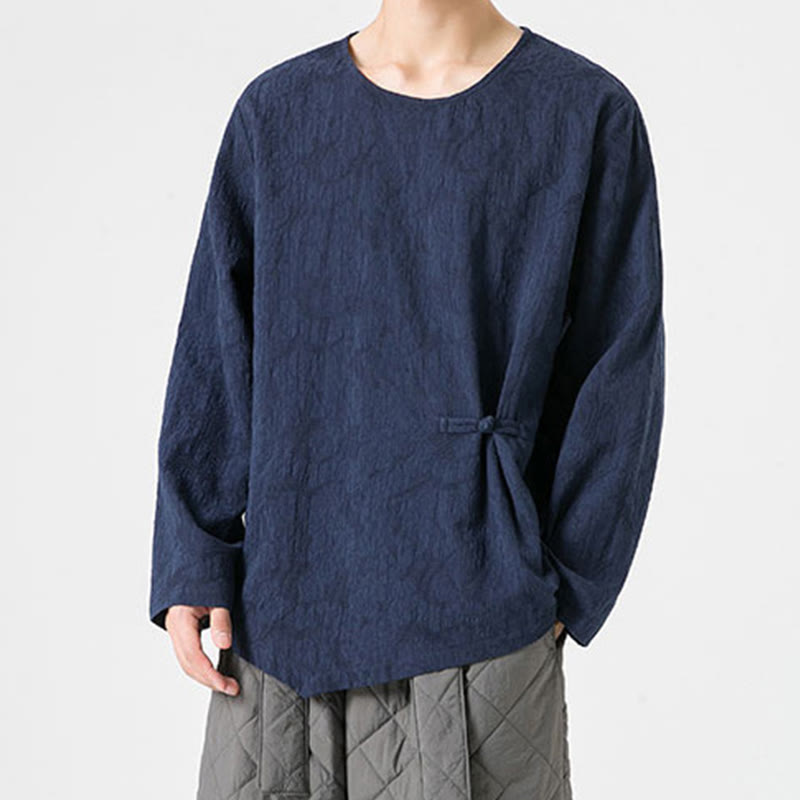 Nimara Ritual Men's Chinese Frog-Button Plain Design Cotton Long Sleeve T-Shirt Zen Clothing