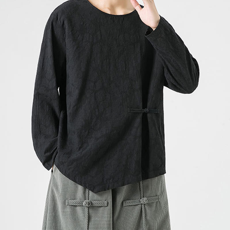 Nimara Ritual Men's Chinese Frog-Button Plain Design Cotton Long Sleeve T-Shirt Zen Clothing