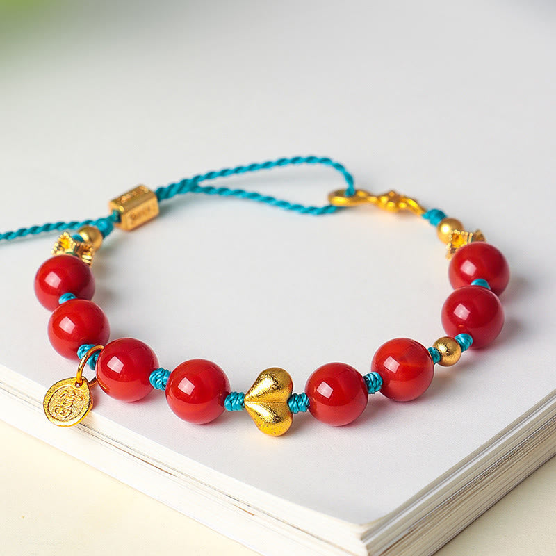 Nimara Ritual 8mm South Red Agate Beads Heart Braided String Success Bracelet