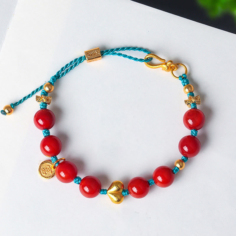 Nimara Ritual 8mm South Red Agate Beads Heart Braided String Success Bracelet