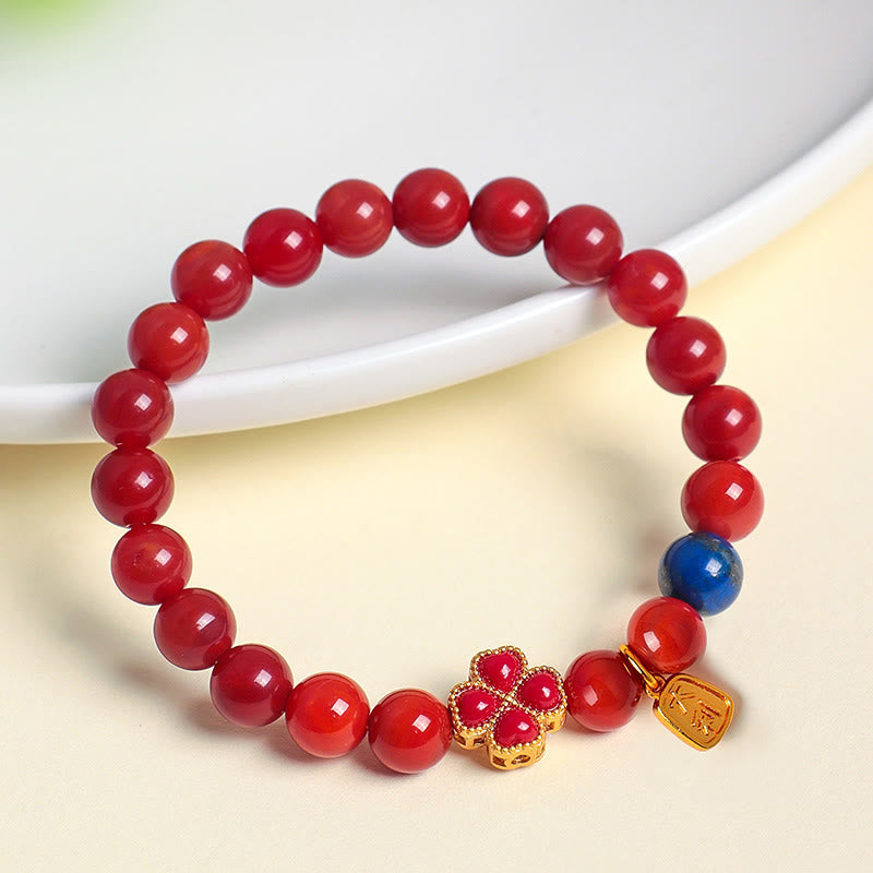 Nimara Ritual Four Leaf Clover Flower Gourd South Red Agate White Agate Positive Beaded Bracelet