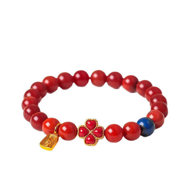 Nimara Ritual Four Leaf Clover Flower Gourd South Red Agate White Agate Positive Beaded Bracelet