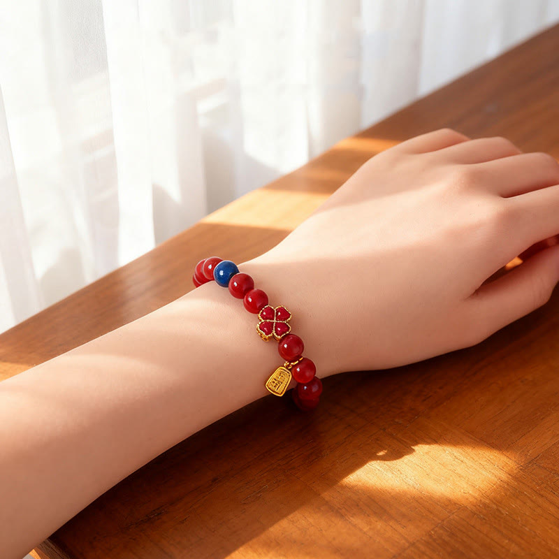 Nimara Ritual Four Leaf Clover Flower Gourd South Red Agate White Agate Positive Beaded Bracelet