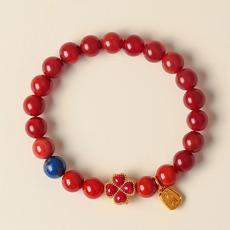 Nimara Ritual Four Leaf Clover Flower Gourd South Red Agate White Agate Positive Beaded Bracelet