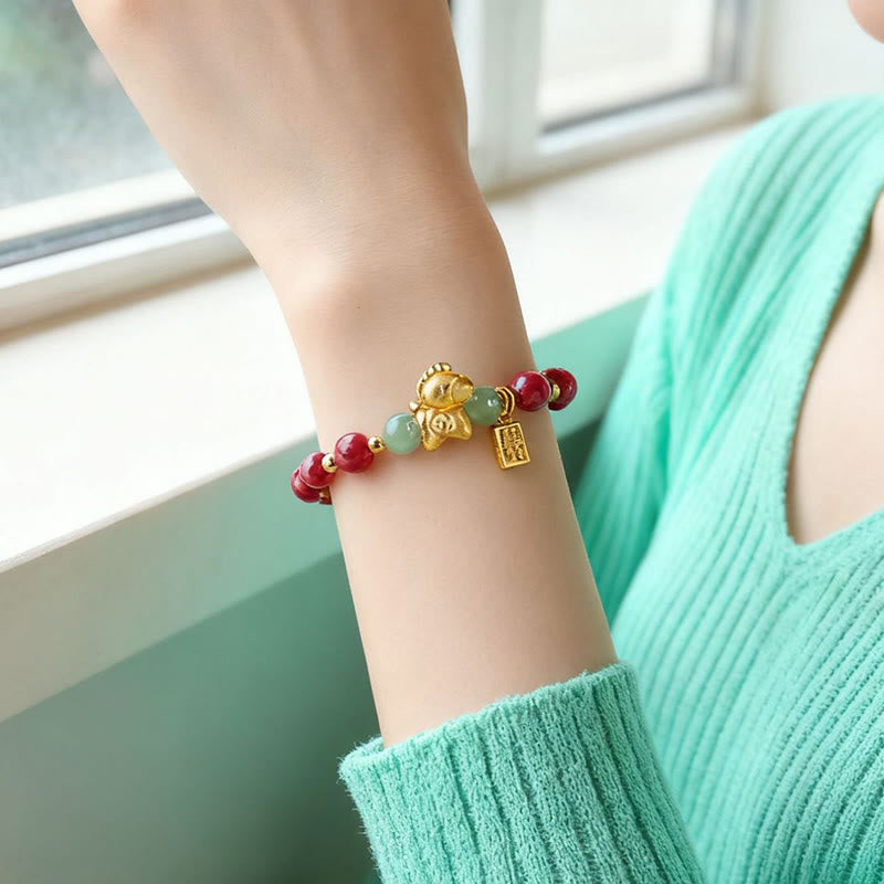 Nimara Ritual Chinese Zodiac Year of the Horse Fu Character Cinnabar Hetian Jade Blessing Bracelet