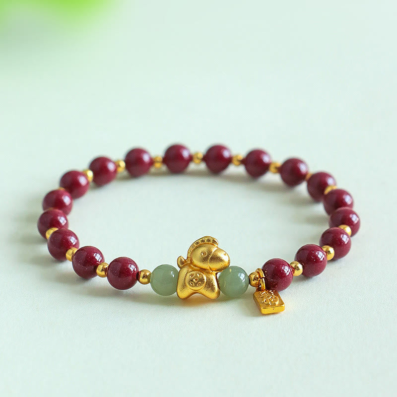 Nimara Ritual Chinese Zodiac Year of the Horse Fu Character Cinnabar Hetian Jade Blessing Bracelet