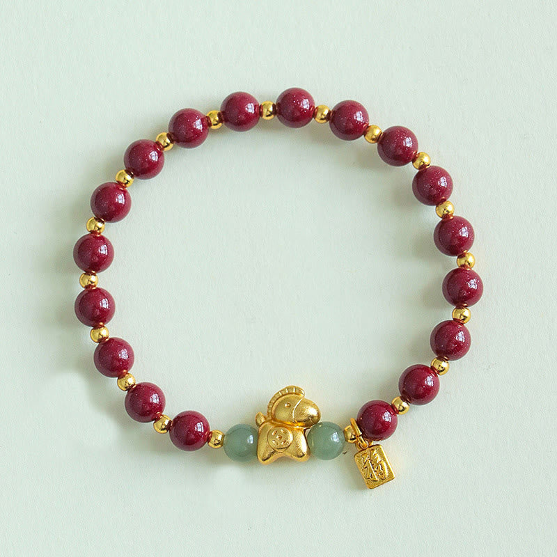 Nimara Ritual Chinese Zodiac Year of the Horse Fu Character Cinnabar Hetian Jade Blessing Bracelet