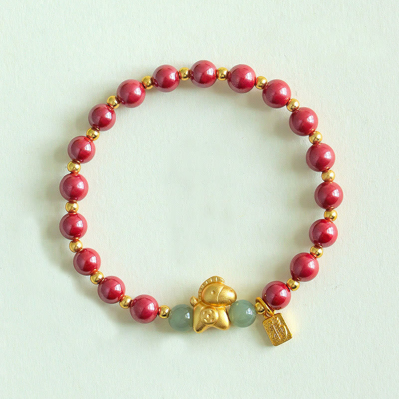 Nimara Ritual Chinese Zodiac Year of the Horse Fu Character Cinnabar Hetian Jade Blessing Bracelet