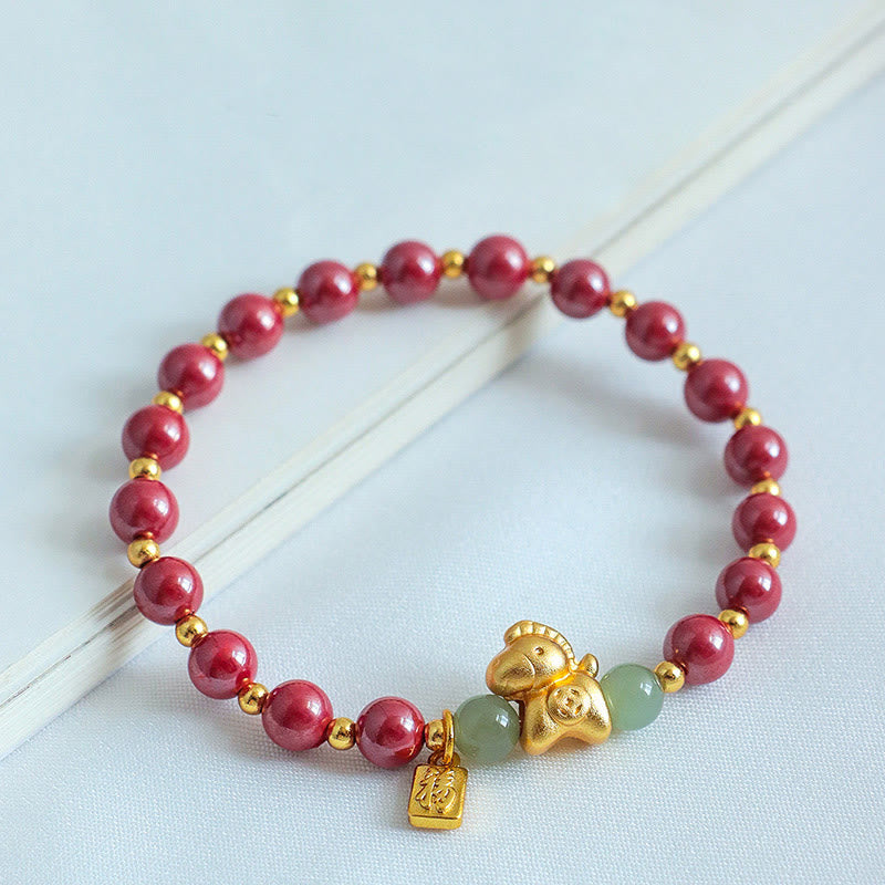 Nimara Ritual Chinese Zodiac Year of the Horse Fu Character Cinnabar Hetian Jade Blessing Bracelet