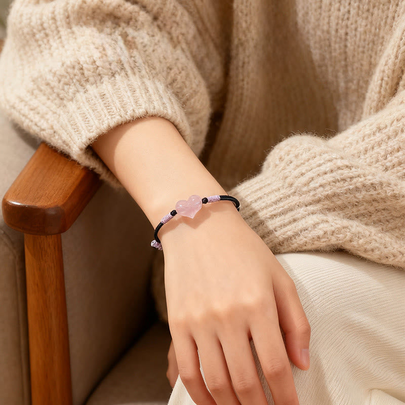 Nimara Ritual Natural Heart Charm Pink Crystal Braided String Warmth Bracelet