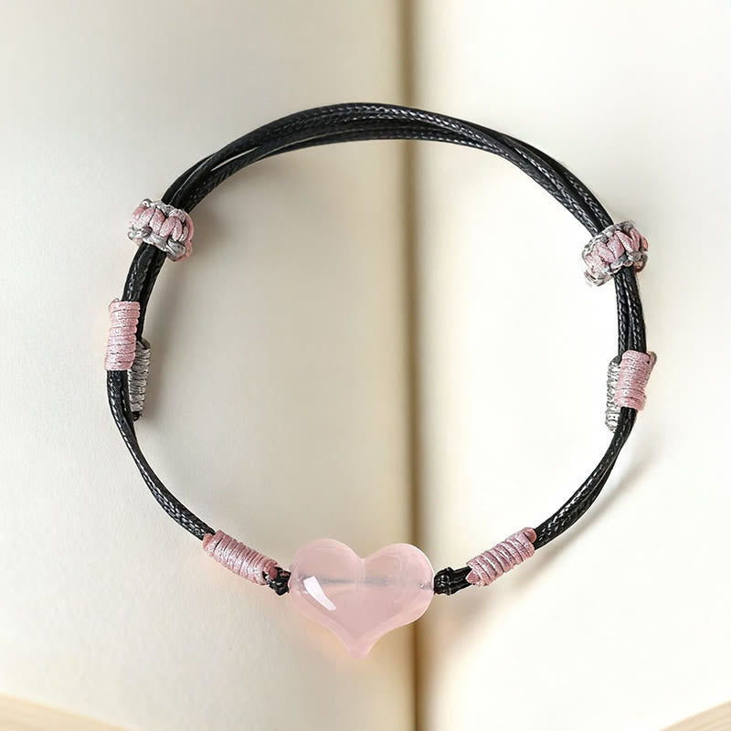 Self-acceptance and Warmth Natural Heart Charm Pink Crystal Braided String Bracelet