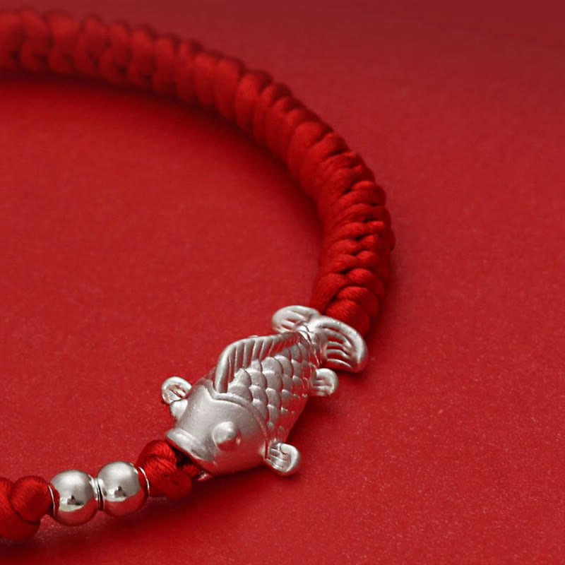 Nimara Ritual 999 Sterling Silver Koi Fish Design 990 Sterling Silver Bead Red String Luck Bracelet