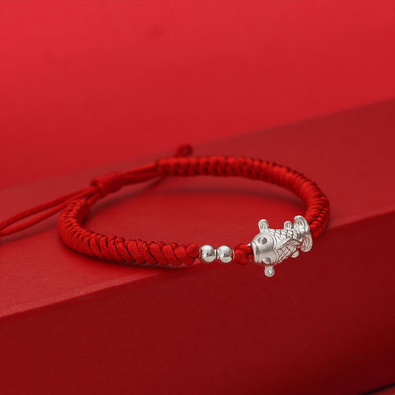 Nimara Ritual 999 Sterling Silver Koi Fish Design 990 Sterling Silver Bead Red String Luck Bracelet