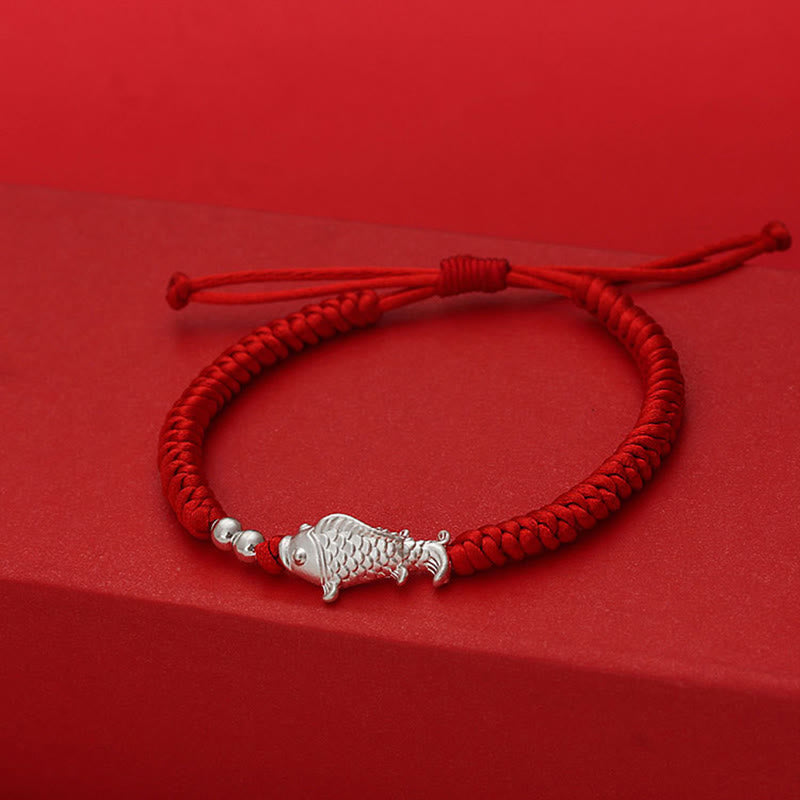 Nimara Ritual 999 Sterling Silver Koi Fish Design 990 Sterling Silver Bead Red String Luck Bracelet