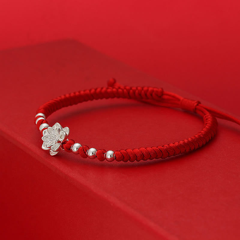 Nimara Ritual 999 Sterling Silver Lotus Symbol 990 Sterling Silver Bead Red String Luck Bracelet