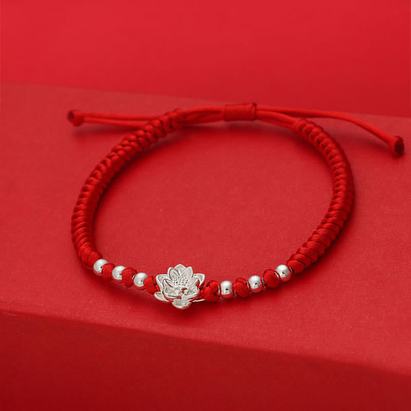 Nimara Ritual 999 Sterling Silver Lotus Symbol 990 Sterling Silver Bead Red String Luck Bracelet