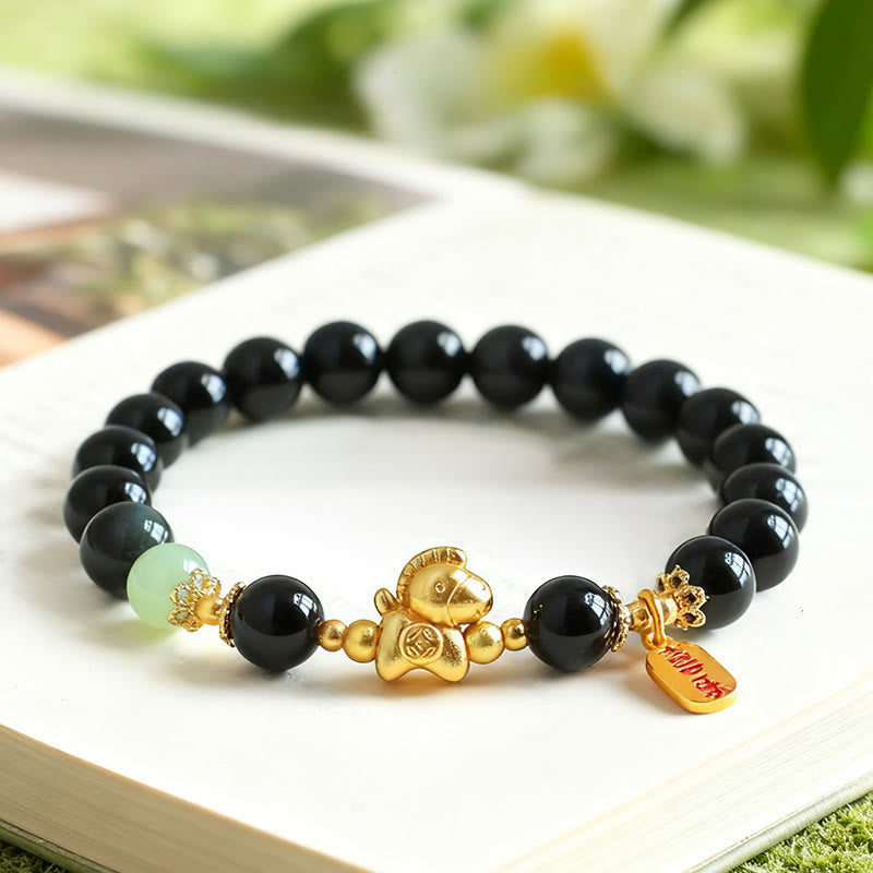 Nimara Ritual Year Of The Horse Hetian Jade Black Obsidian Red Agate Strength Bracelet