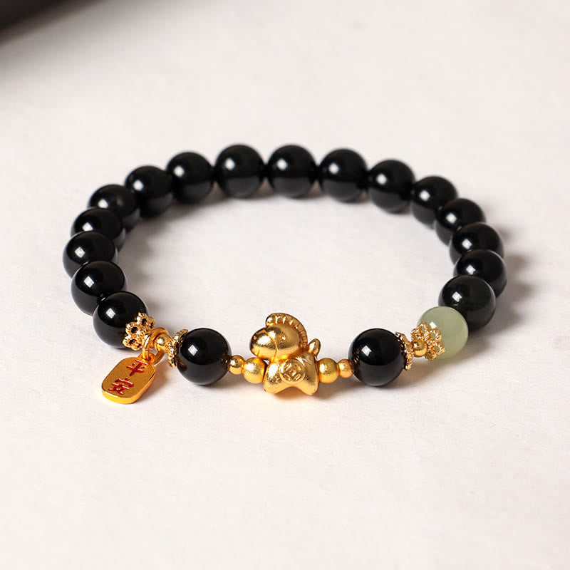 Nimara Ritual Year Of The Horse Hetian Jade Black Obsidian Red Agate Strength Bracelet