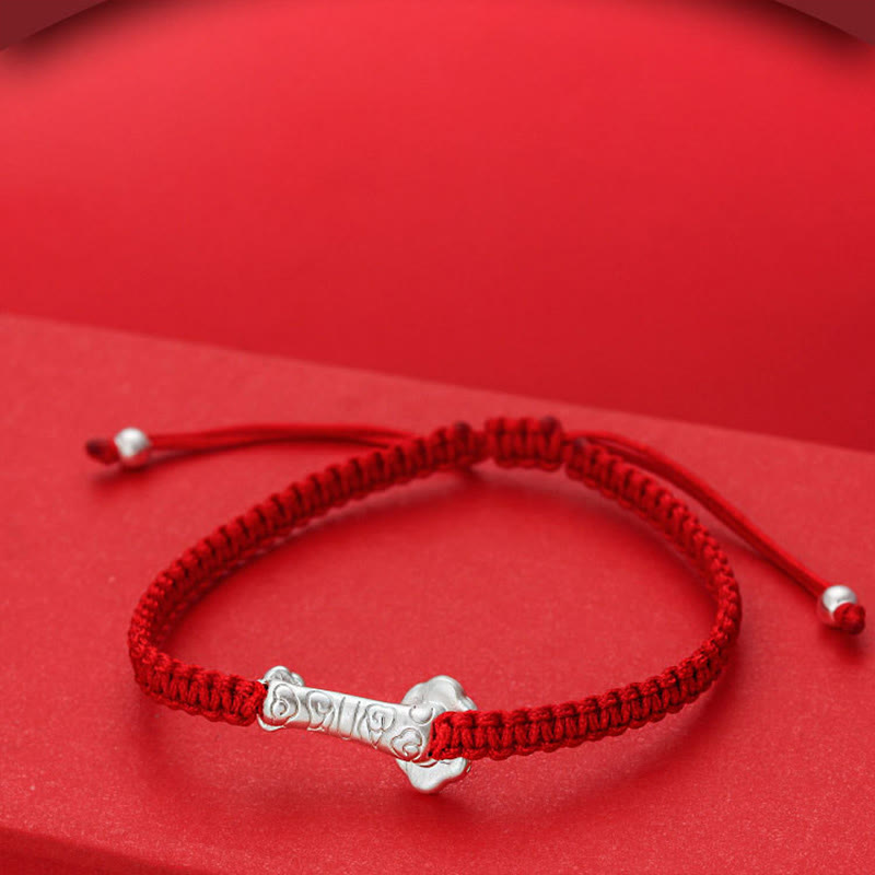 Nimara Ritual 999 Sterling Silver Ruyi Fu Character Luck Red String Connection Braided Bracelet