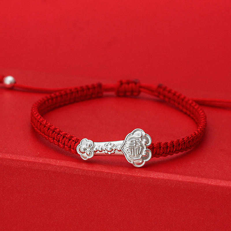 Nimara Ritual 999 Sterling Silver Ruyi Fu Character Luck Red String Connection Braided Bracelet