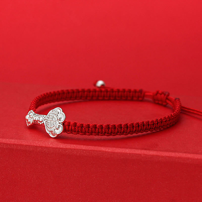 Nimara Ritual 999 Sterling Silver Ruyi Fu Character Luck Red String Connection Braided Bracelet