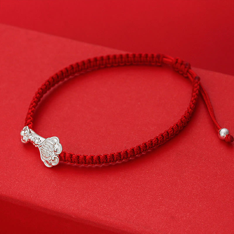 Nimara Ritual 999 Sterling Silver Ruyi Fu Character Luck Red String Connection Braided Bracelet
