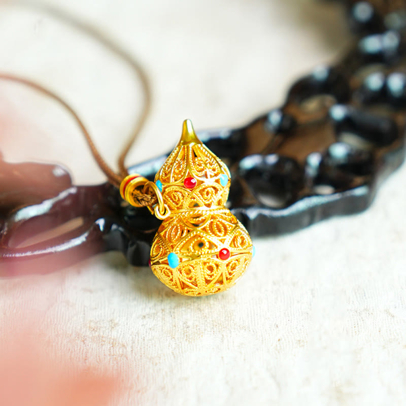 Nimara Ritual Hollow Gourd Design 24k Gold Plated Brass Rope Necklace Pendant