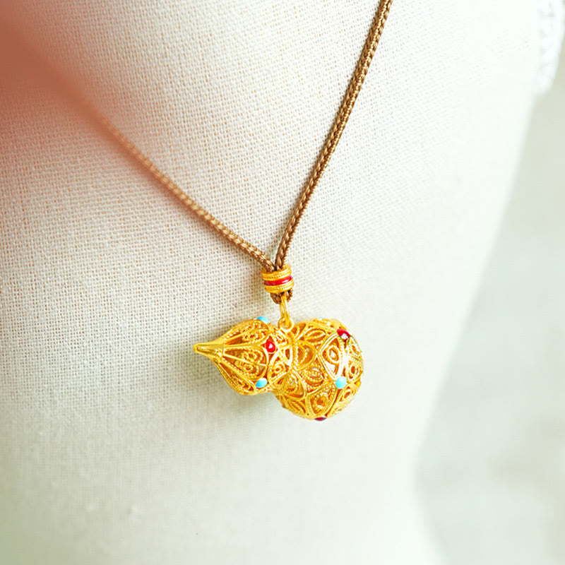 Nimara Ritual Hollow Gourd Design 24k Gold Plated Brass Rope Necklace Pendant