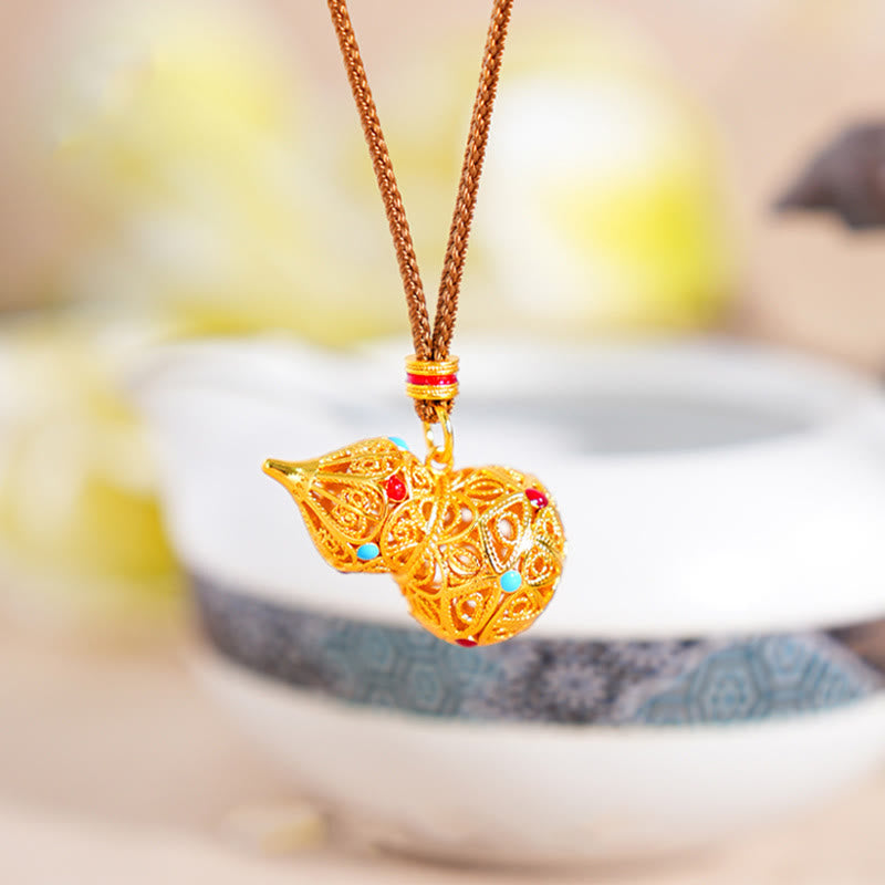 Nimara Ritual Hollow Gourd Design 24k Gold Plated Brass Rope Necklace Pendant