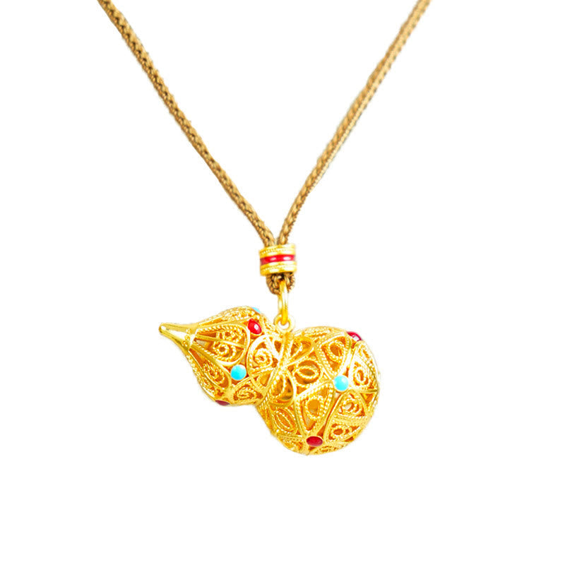 Nimara Ritual Hollow Gourd Design 24k Gold Plated Brass Rope Necklace Pendant