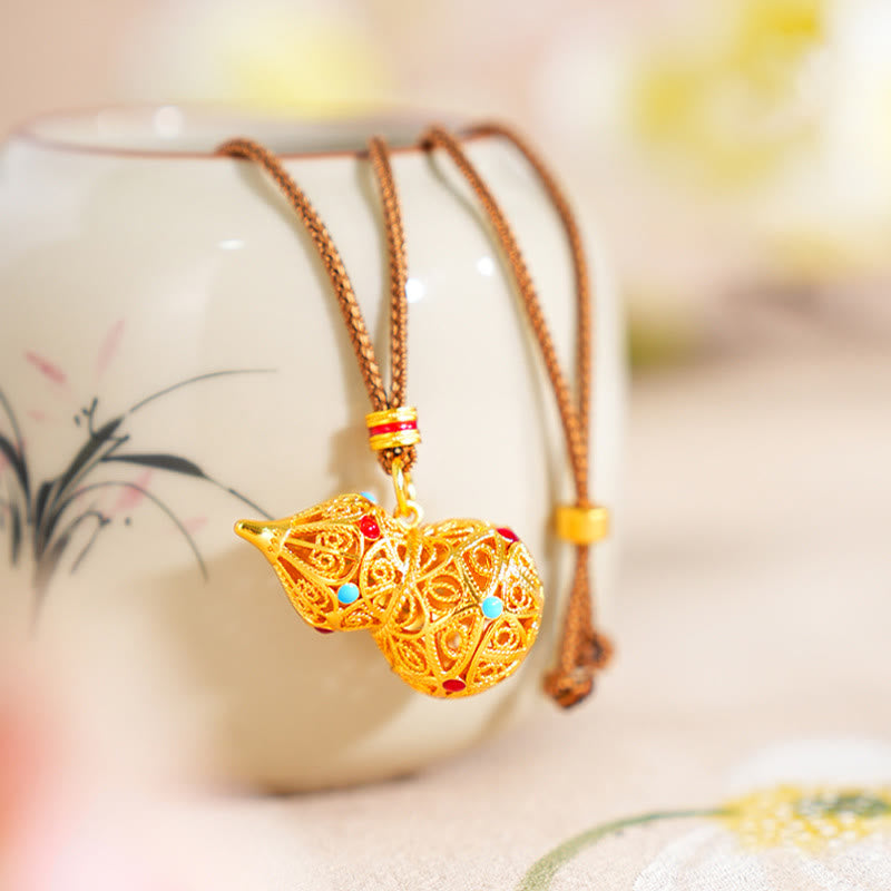 Nimara Ritual Hollow Gourd Design 24k Gold Plated Brass Rope Necklace Pendant