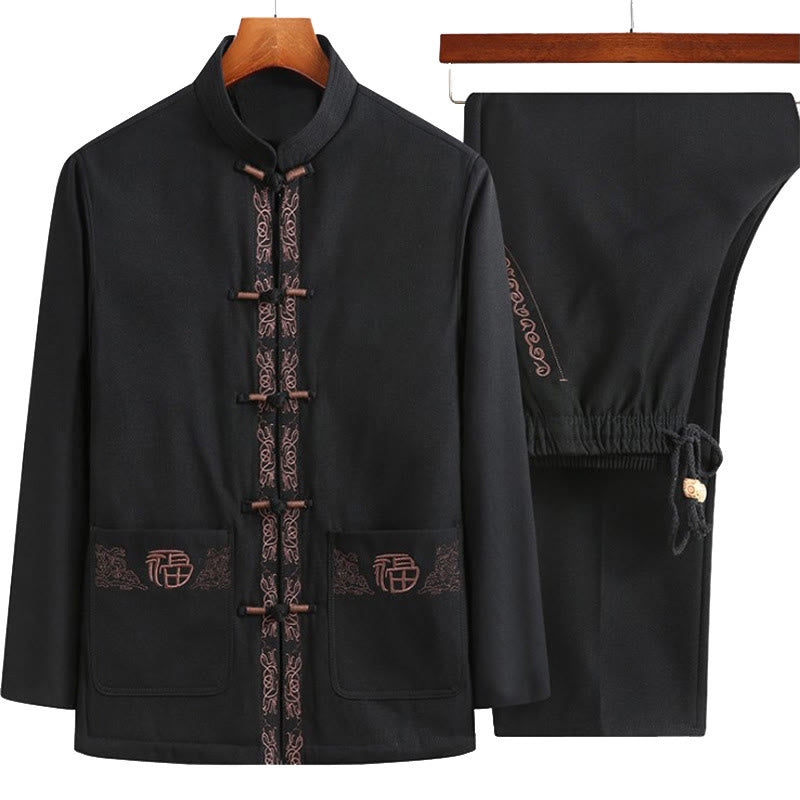 Nimara Ritual Fu Character Embroidery Tang Suit Frog-Button Men's Long Sleeve Jacket Shirt Pants