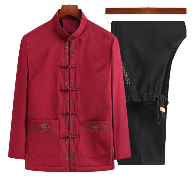 Nimara Ritual Fu Character Embroidery Tang Suit Frog-Button Men's Long Sleeve Jacket Shirt Pants