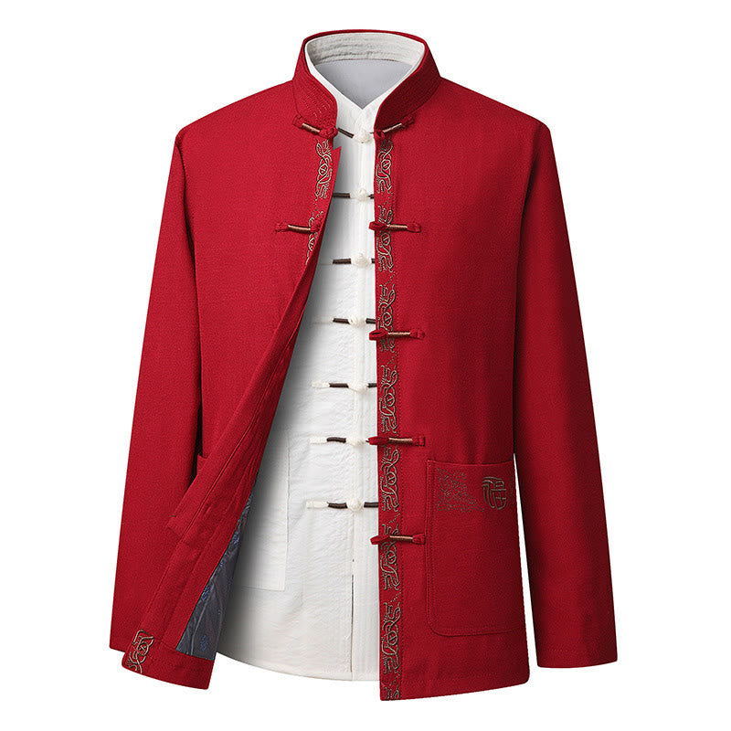 Nimara Ritual Fu Character Embroidery Tang Suit Frog-Button Men's Long Sleeve Jacket Shirt Pants