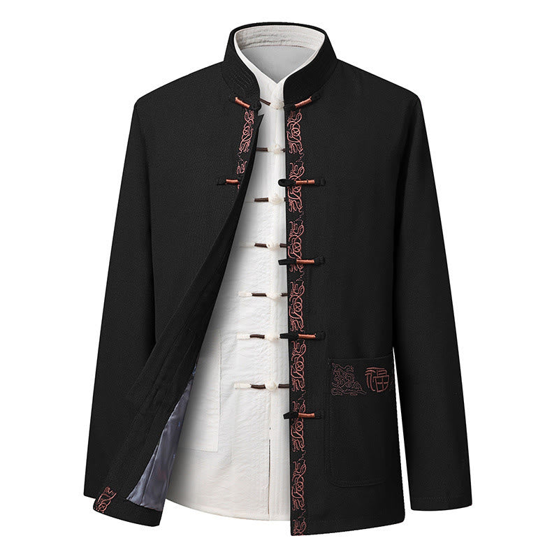 Nimara Ritual Fu Character Embroidery Tang Suit Frog-Button Men's Long Sleeve Jacket Shirt Pants