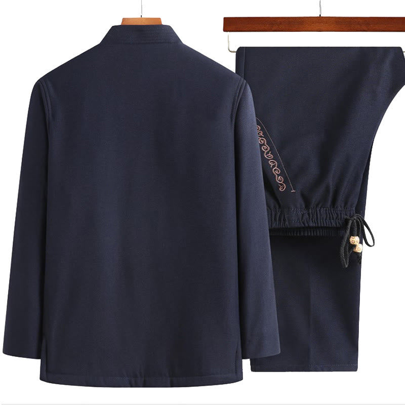 Nimara Ritual Fu Character Embroidery Tang Suit Frog-Button Men's Long Sleeve Jacket Shirt Pants