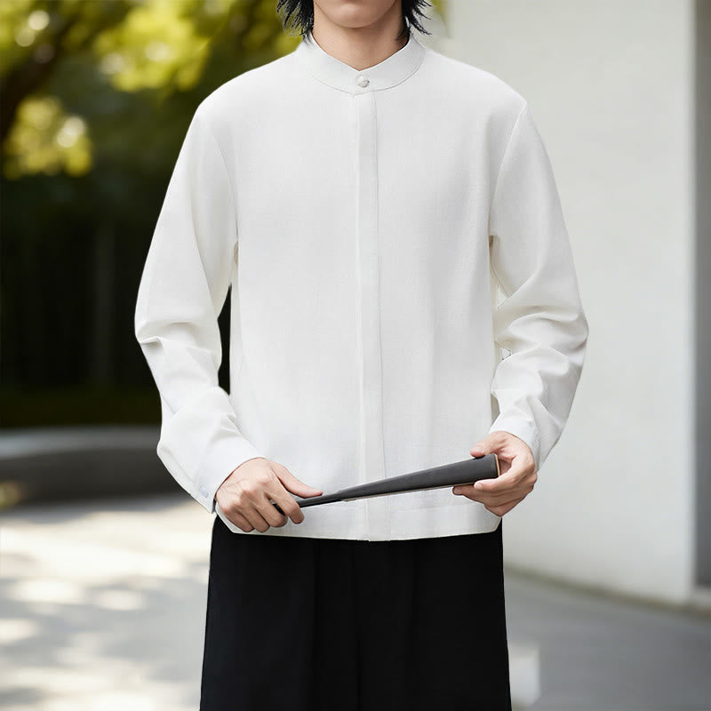 Nimara Ritual Fall Solid Color White Men's Long Sleeve Cotton Linen Shirt Corduroy Kimono