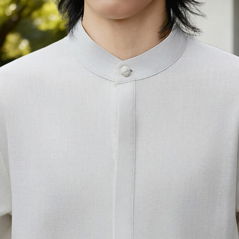Nimara Ritual Fall Solid Color White Men's Long Sleeve Cotton Linen Shirt Corduroy Kimono
